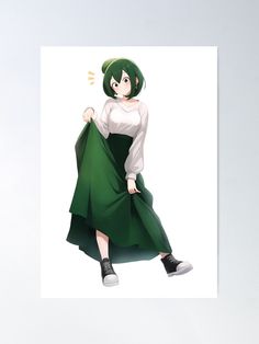 a woman with green hair wearing a white shirt and green skirt poster, featuring an image of