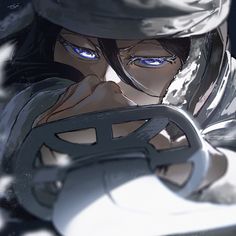 an anime character with blue eyes holding a steering wheel in front of his face and looking at the camera