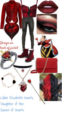 a collage of different outfits and accessories including red lipstick, heart shaped necklaces