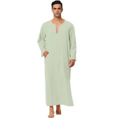 There is a pocket on the front for storing small items, which is convenient and practical.Made of soft fabric, it will be comfortable to wear, and you can enjoy leisure and sleep time at home.The long-sleeved gown is designed with a V-neck and pullover for easy wearing and taking off.This nightshirt is suitable for beaches, holidays, festivals, home wear and daily casual wear. Size: medium. Color: green. Gender: male. Age Group: adult. Pattern: Solid. Material: Cotton. Comfortable Sleepwear With Pockets For Home, Casual V-neck Nightgown For Home, Comfortable Solid Color Sleepwear With Pockets, Comfortable Solid Sleepwear With Pockets, Green Cotton Sleepwear With Pockets, Solid Cotton Sleepwear With Pockets, Sleepwear With Pockets, Cotton Sleepwear With Pockets For Relaxation, Cotton V-neck Sleepwear For Relaxation