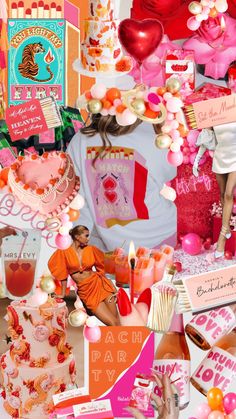 a collage of pink, orange and red items with the words peach party on them