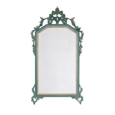 an ornate green mirror with gold trimmings on the edges and sides, against a white background