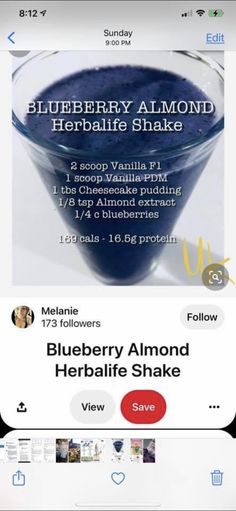 the blueberry almond herbade shake is shown on an iphone screen, and it appears to be available for purchase