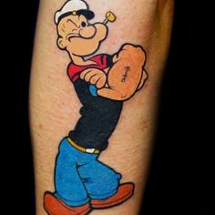 a cartoon character with a baseball glove on his arm is depicted in this tattoo design