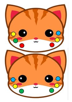 an orange cat with black eyes and multi - colored dots on it's face