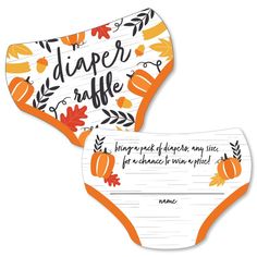 two diapers with the words diaper raffle written on them and an image of fall leaves