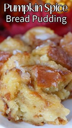 pumpkin spice bread pudding on a white plate