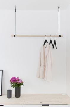 a white room with two coats hanging on the wall and a potted plant next to it