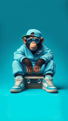 a monkey with sunglasses sitting on top of a skateboard wearing a blue outfit and hat