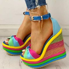 Colorful Wedges, Wedges Shoes, High Heel Wedges, Buckled Heels, Platform High Heels, Platform Wedge Sandals, Ankle Strap Heels, Rubber Heels, Strap Heels