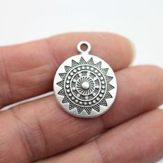 Size: 22 mm Drilling Hole: (Ø 2 mm) Handmade Material: Zamac - Nickel- and Leadfree Coating and Colour: 925 silver, brushed, antique silver look Handmade in Europe by EfSa Design https://demetersupply.etsy.com Sun Mandala, Wholesale Jewelry Supplies, Wholesale Jewelry, Favorite Things Gift, Jewelry Supplies, Wedding Shop, Antique Silver, 925 Silver, Charms