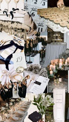 a collage of photos with candles, flowers and other items on display at a wedding