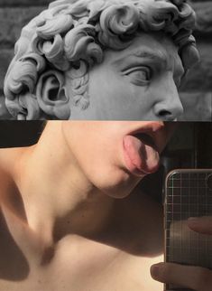 a man sticking his tongue out next to an image of a cell phone and a statue