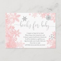 a pink and silver snowflake book for baby card with the words books for baby written on it