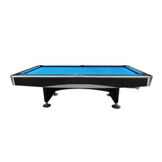 a pool table with blue cloth and black legs, on a white background stock photo