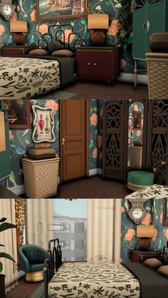 a collage of photos with furniture and wallpapers in the same color scheme