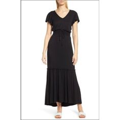 No Pockets Unlined Stretchy Material Ruffled Sleeves Tie At Waist Is Decorative Only Black 95% Rayon 5%Spandex Machine Wash Features: Made In Mexico Size: Women's M Measurements: Length: 54.5 In / 138 Cm Waist 11 In / 28 Cm Pit To Pit 16.5 In / 42 Cm Shoulder To Shoulder 14 In / 36 Cm Condition: New With Tags Smoke Free, Dog Friendly Home All Measurements Are Approximate And Taken Hanging On The Mannequin Most Products Stored And Shipped In Cellophane Poly Bags All Offers Considered And Open To Casual Black Maxi Dress With Ruffle Hem, Casual Black Maxi Dress For Brunch, Black Ruffle Hem Maxi Dress For Brunch, Black Maxi Dress With Ruffle Hem For Brunch, Black Ruched Maxi Dress For Brunch, Casual Black Maxi Dress With Ruffles, Black Tiered Maxi Dress For Brunch, Casual Ruched Rayon Maxi Dress, Black Ruched Maxi Dress For Daywear