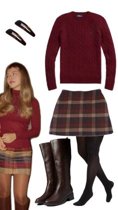 #plaid #skirt #boots #barrettes #sweater #red #fall La Outfit, Smart Casual Work Outfit Women, 80s Inspired Outfits, Skirt Boots, Red Plaid Skirt, Downtown Outfits, Fits Aesthetic, Red Fall, Plaid Outfits