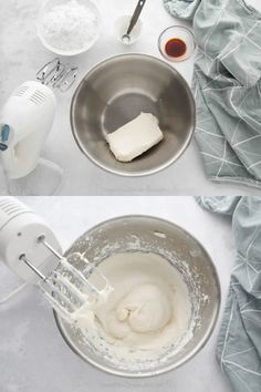 two pictures showing how to make whipped cream in a mixing bowl with a whisk