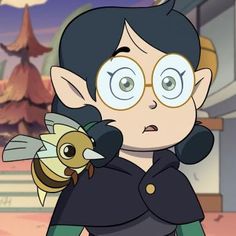 an animated image of a woman with glasses holding a bee