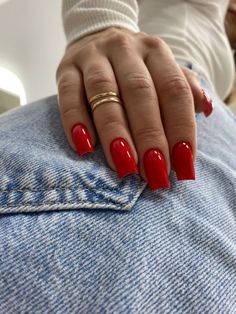 2023 Nail Inspo Slim Square Nails, Medium Length Red Nails, Red Nail Ideas Square, Toe Gel Nails, All Red Nails, Acrylic Red Nails, Red Nails Inspiration, Gel Nails Red, Nails Inspiration Red