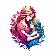 the mother and child are hugging each other with colorful hair on white background royalty illustration