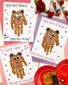 valentine's day cards with pictures of bears and hearts on them, along with candy