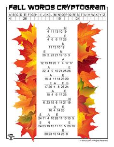 the fall words crypt program is shown with leaves on it and numbers in each row