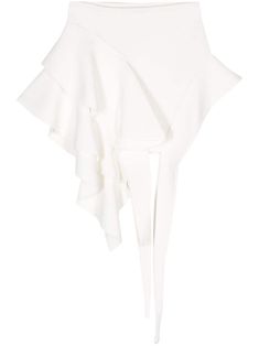 white stretch-design knitted construction asymmetric design elasticated waistband ruffled detailing strap detailing thigh-length White Bottoms With Ruffles And Asymmetrical Hem, White Ruffled Asymmetrical Mini Skirt, Mugler White, Knitted Mini Skirt, Bohemian Wedding Guest, Mini Skirt White, Wedding Guest Looks, City Dress, Demi Fine Jewelry