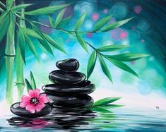 an acrylic painting of rocks and bamboo with pink flower on top in water