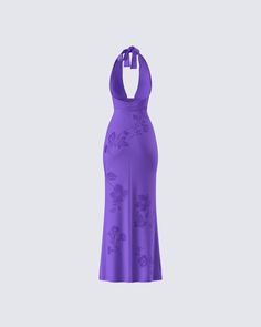 We see a dinner date in your future 😉 Dress to impress in this elegant yet sultry purple maxi dress made from jersey fabric and complete with a low plunge neckline, halter ties, and rhinestone detailing ✨💜 Purple Fitted Backless Maxi Dress, Fitted Purple Backless Maxi Dress, Purple Halter Neck Maxi Dress For Party, Purple Halter Neck Maxi Dress For Evening, Fitted Purple Halter Neck Maxi Dress, Purple Summer Maxi Dress For Gala, Glamorous Purple Evening Maxi Dress, Purple Halter Neck Prom Dress, Elegant Purple Sleeveless Halter Dress