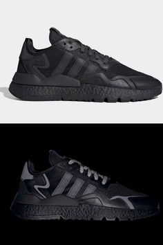 adidas Originals is set to release a “Triple Black” rendition of the Nite Jogger during the month of June. This offering of the adidas Nite Jogger sports a full Core Black color blocking constructed with a mesh upper and leather overlays. Highlighting the shoe are reflective detailing allowing you to run safety at night. #adidasshoes Month Of June, Gym Outfits, Triple Black, Gym Outfit, Adidas Shoes, All Black Sneakers