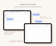 two tablet screens displaying the weekly planner