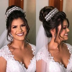 two pictures of a bride with her hair in a low bun and wearing a veil