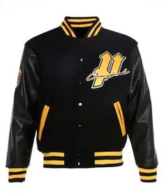 Black Varsity Jacket, Winter Jackets For Men, Knitted Collar, Leather Sleeves, Winter Jacket Men, National League, Genuine Leather Jackets, Leather Sleeve, Baseball Team