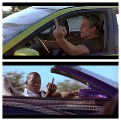 two pictures of the same man driving a car and pointing at something in his hand