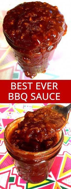 the best ever bbq sauce recipe is in a glass jar with a spoon inside