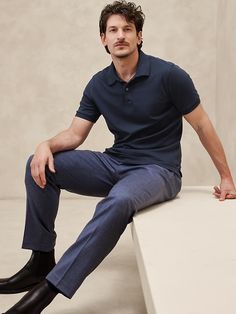 Saw this on Banana Republic: Ceo Attire Man, Mens Warehouse Suits, Classic Men Style Casual, Charleston Mens Fashion, Polo And Slacks Men, Men’s Polo Casual Outfits, Polo Fits For Men, Polos Aesthetic Hombre, Polo Azul Marino Hombre Outfit