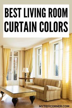 a living room with yellow curtains and couches in front of the window is an image that says best living room curtain colors