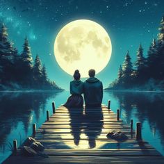 two people are sitting on a dock looking at the full moon and stars in the sky