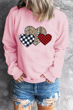 Pink Plaid Leopard Hearts Print Drop Sleeve Pullover Sweatshirt Oversized Long Sleeve Top With Heart Graphic, Cute Long Sleeve Tops With Patchwork, Cute Long Sleeve Patchwork Tops, Cute Fall Tops With Heart Graphic, Cute Heart Graphic Tops For Fall, Oversized Heart Print Casual Tops, Casual Oversized Heart Print Tops, Long Sleeve Tops With Heart Print For Spring, Trendy Long Sleeve Top With Heart Print