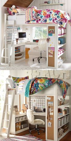 bunk beds with desks and ladders in the middle are made out of wood