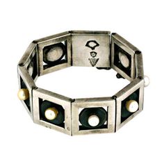 Extraordinary sterling silver link bracelet by modernist master Antonio Pineda, Mexico. Blackened silver discs set with cultured pearls float within heavy square framed links. Wonderful for men or women. 1940s Taxco, Mexico. Heavy quality sterling settings.
 Signed: Antonio 8.25" x 1"
 Excellent condition. Women 1940s, Silver Link Bracelet, Modern Bracelets, Mexican Jewelry, Mid Century Jewelry, Designer Fashion Jewelry, Vintage Bracelets, Square Frames, Cultured Pearls