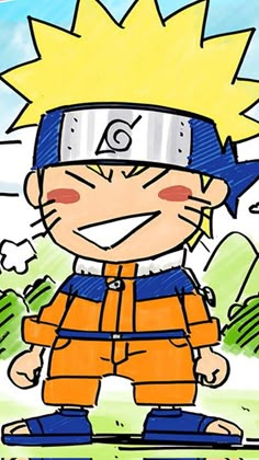 a drawing of a cartoon character wearing an orange and blue outfit with his eyes closed