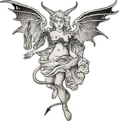 a black and white drawing of a woman with wings on her head, holding a dragon