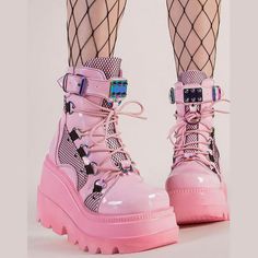 Material: Rubber . PU Heel Height: High 1.97" - 3.15" (5cm-8cm) Closure Type: Zip Color: Black . Pink Lace Wedges, Pink Platform, Pink Platforms, Pink Boots, Black Boots Women, Martin Boots