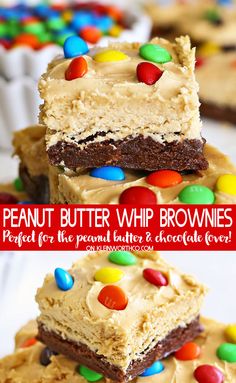 peanut butter whip brownies are stacked on top of each other