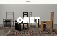 several chairs and tables with the word omet in white overlaying them on a rug