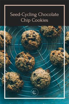 some cookies on a cooling rack with the words seed - cycling chocolate chip cookies