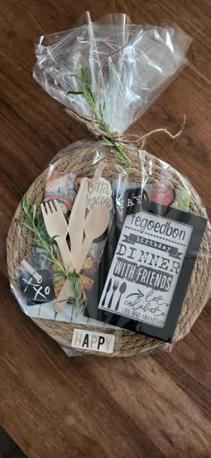 a wooden table topped with a basket filled with assorted items